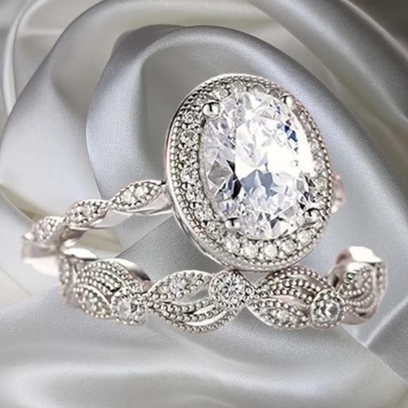 Platinum Plated 925 6mm x 8mm Oval Moissanite Classic Elizabethan Wedding Set